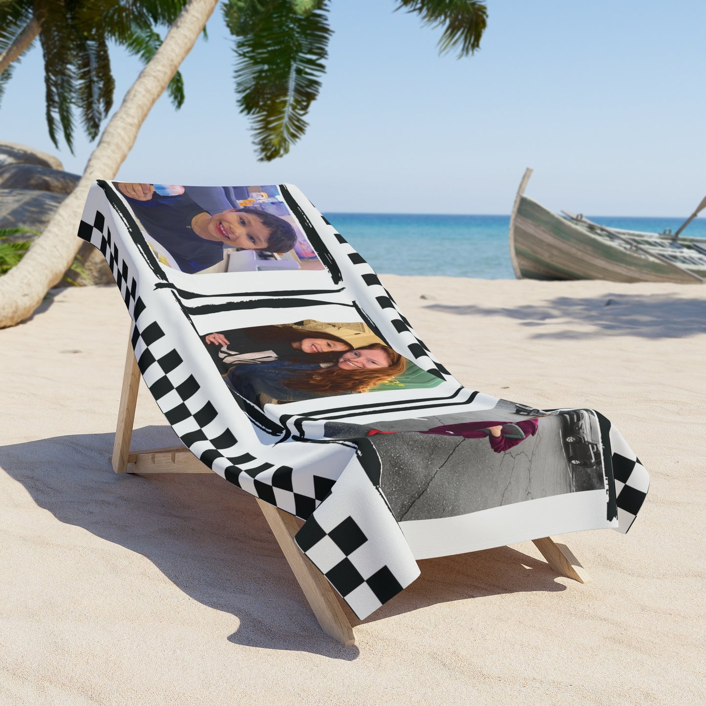 Personalized Black Checkered Beach Towel — Custom Photo Towel (3 Pictures)