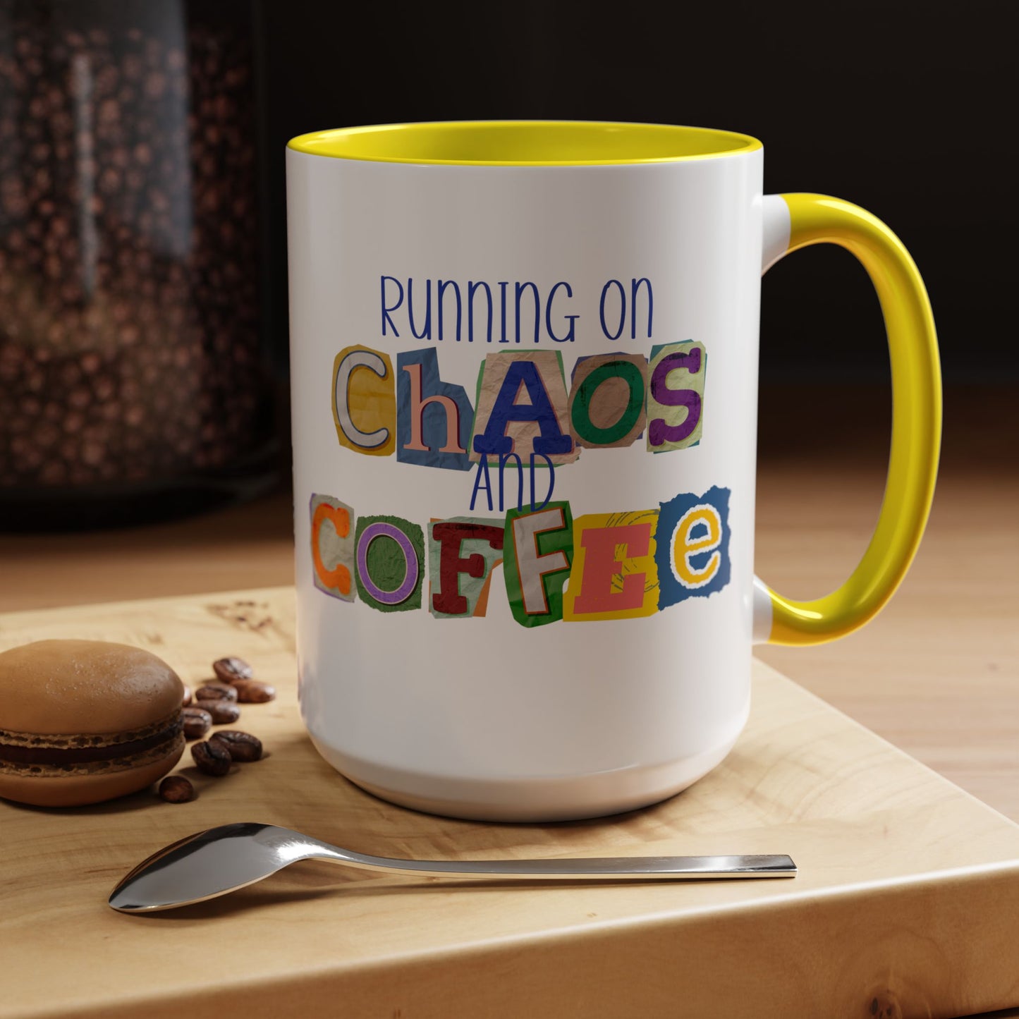Running on Chaos and Coffee Mug Funny Two Tone Cup