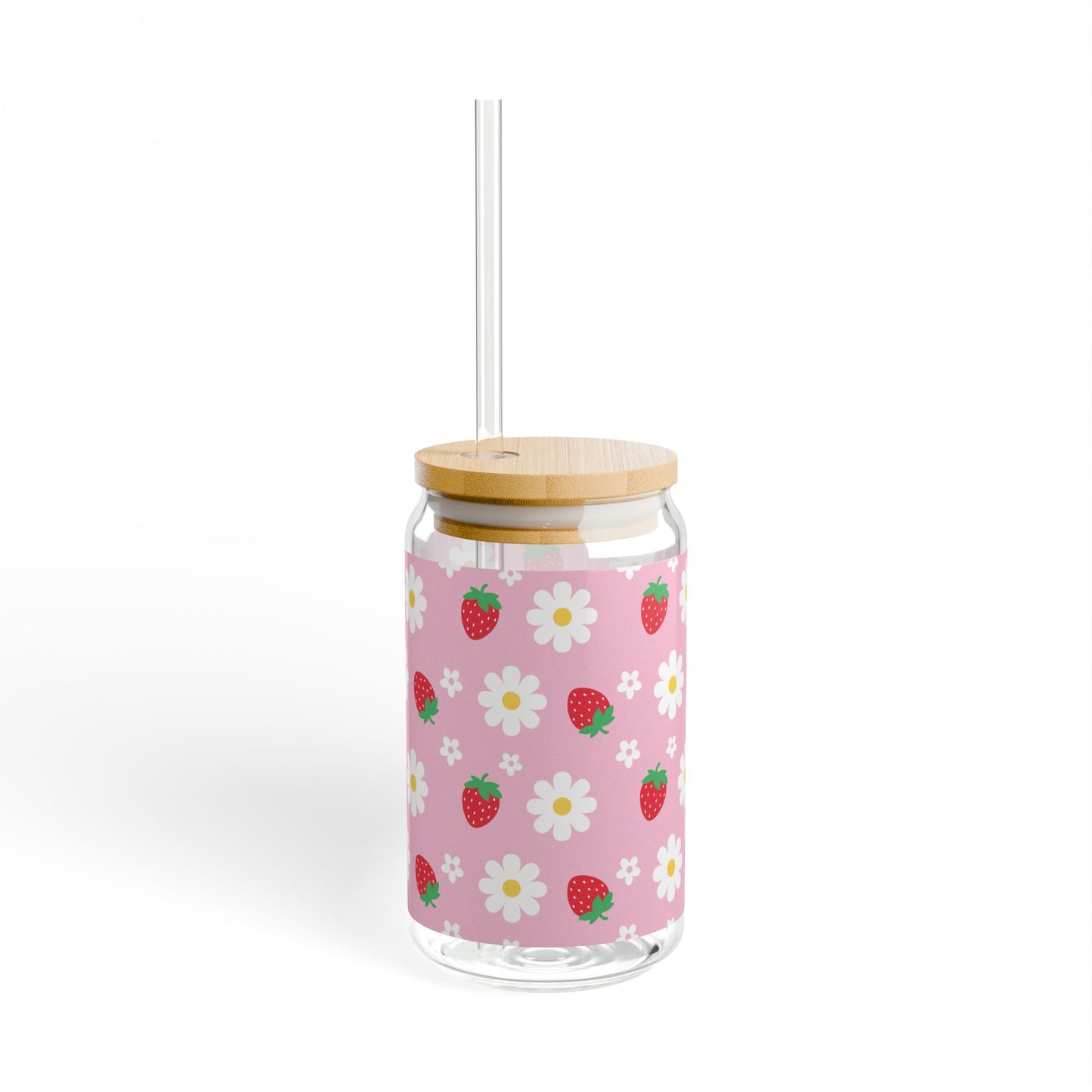 Cute Strawberry and Daisy Iced Coffee Glass Mug