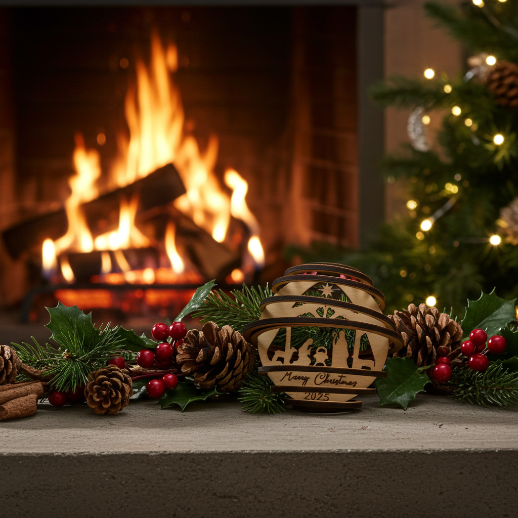 Nativity Scene Spiral Wooden Ornament - Merry Christmas 2025