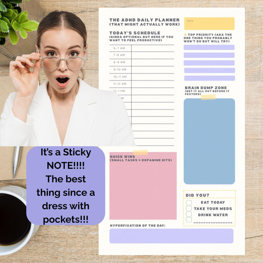 ADHD Daily Planner Post-it® Note Pad 10x6 Inch Funny Focus Pad for Productivity and Brain Dumps For Back To School, Gift For Student