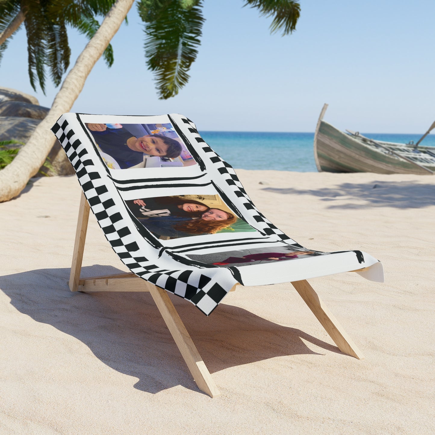 Personalized Black Checkered Beach Towel — Custom Photo Towel (3 Pictures)