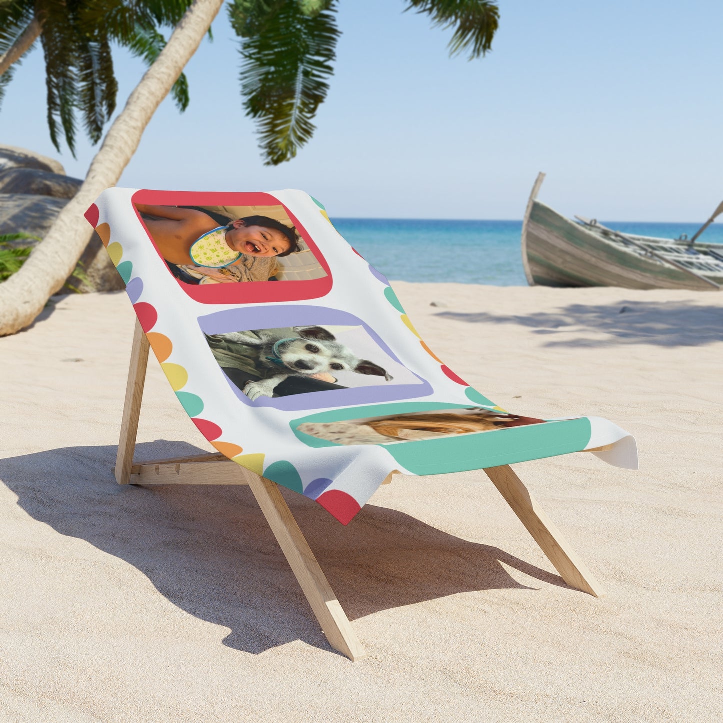 Personalized Photo Beach Towel — Custom Collage (Kid & Pet) with Colorful Polka Frame