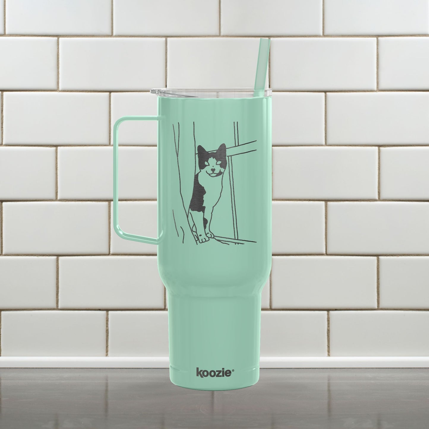 Custom Pet Line Art Engraved Tumbler 40oz Koozie with Handle and Straw