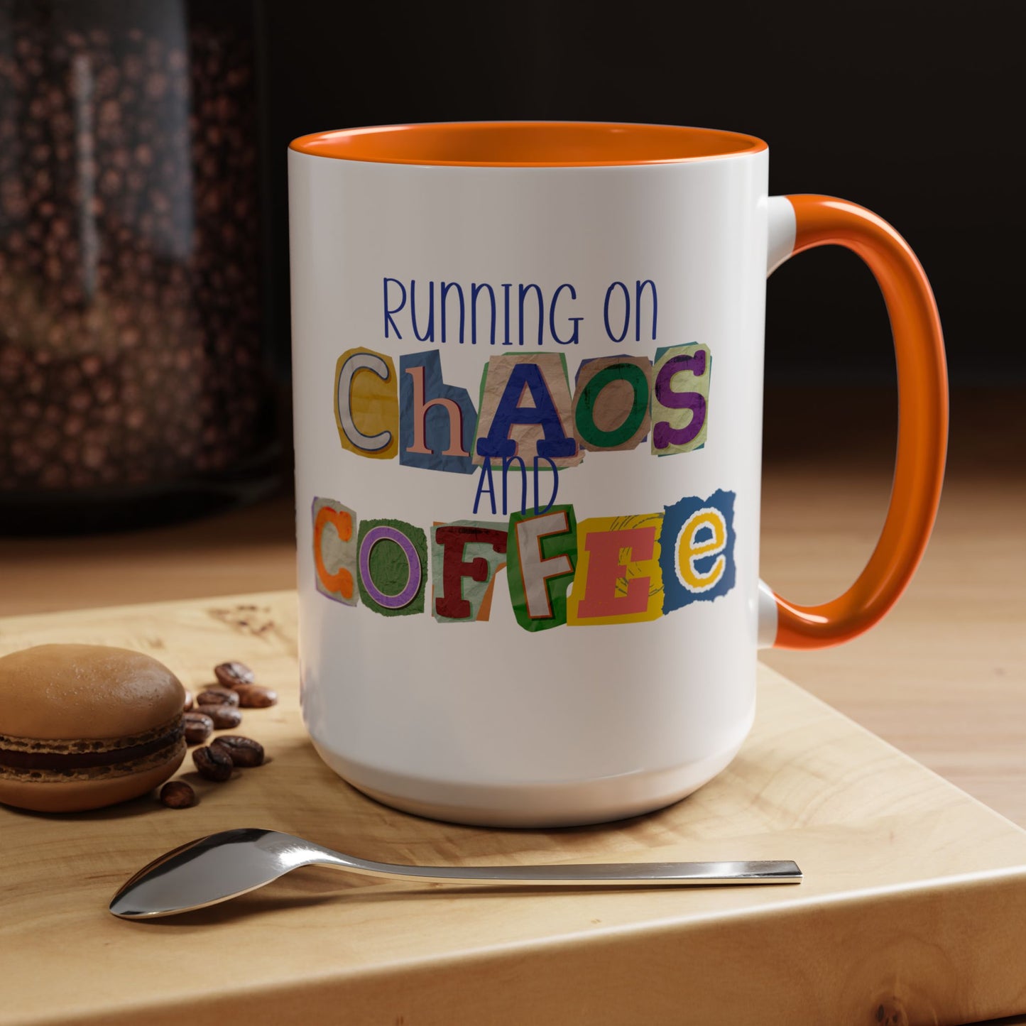 Running on Chaos and Coffee Mug Funny Two Tone Cup