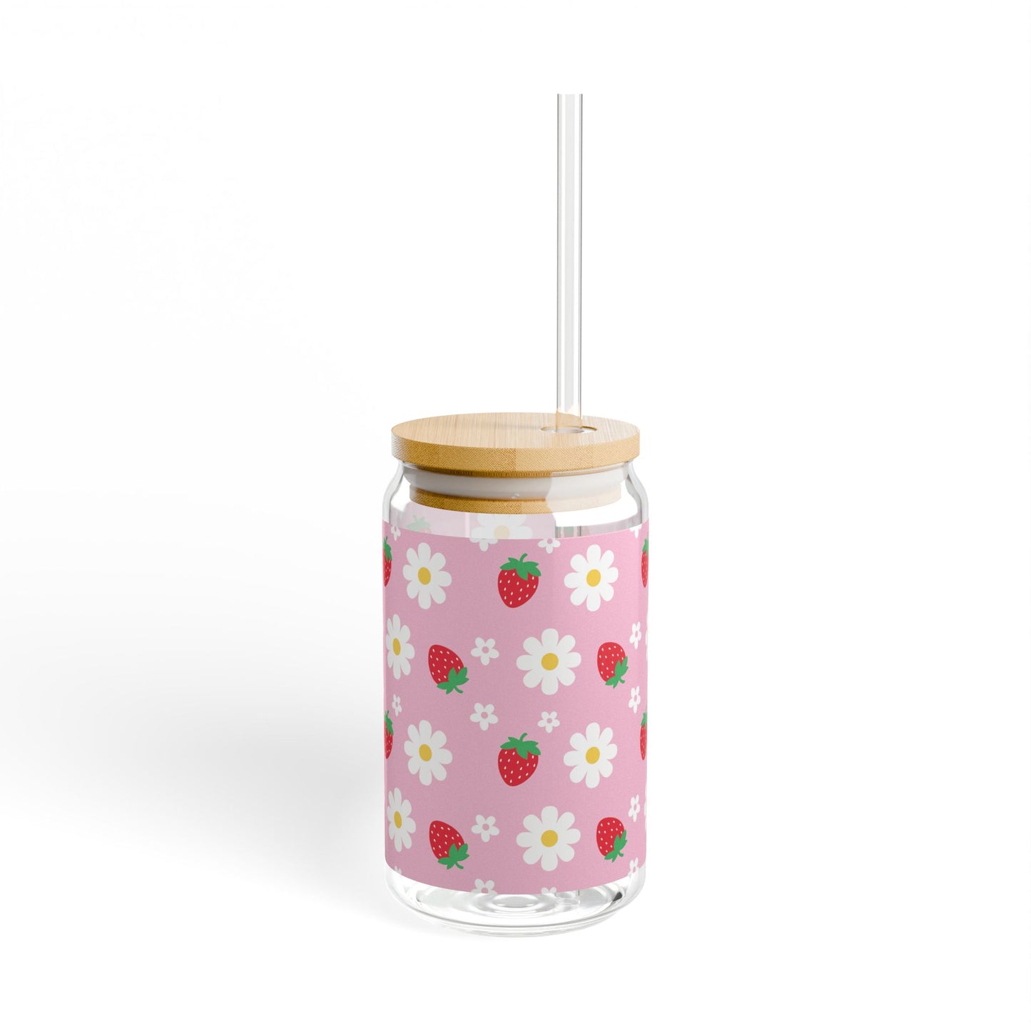 Cute Strawberry and Daisy Iced Coffee Glass Mug