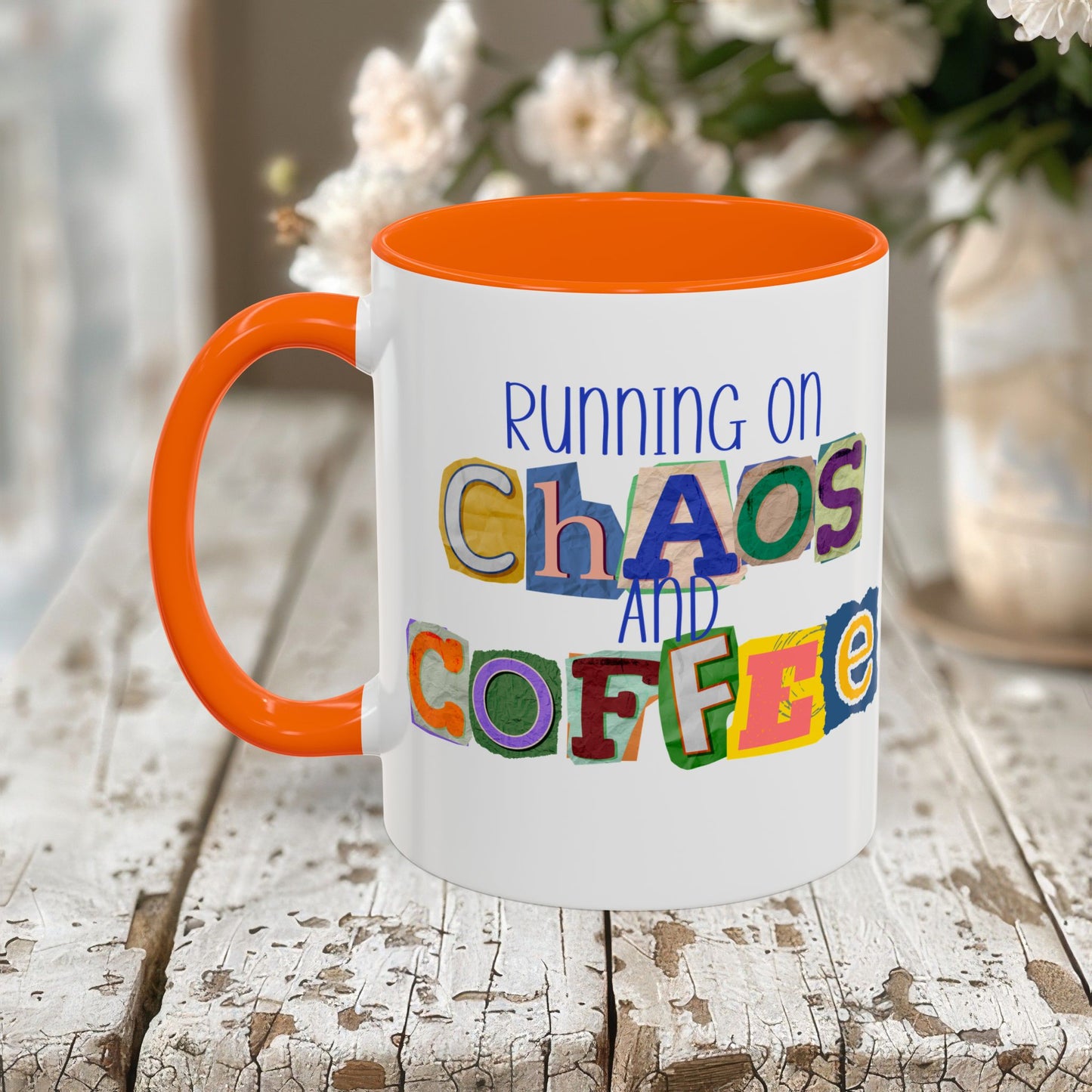 Running on Chaos and Coffee Mug Funny Two Tone Cup