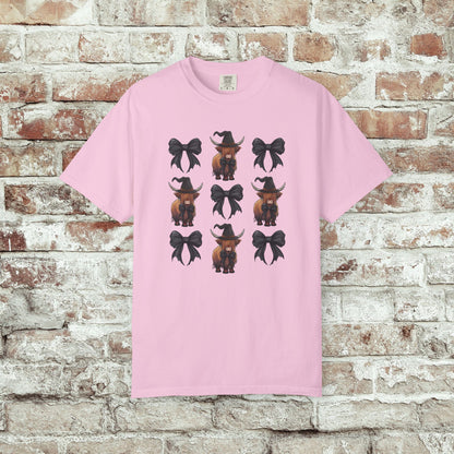 Witchy Highland Cow Shirt, Fall Aesthetic T-Shirt, Black Bow Halloween Tee, Coquette Cowgirl Shirt, Spooky Season Comfort Colors Tee