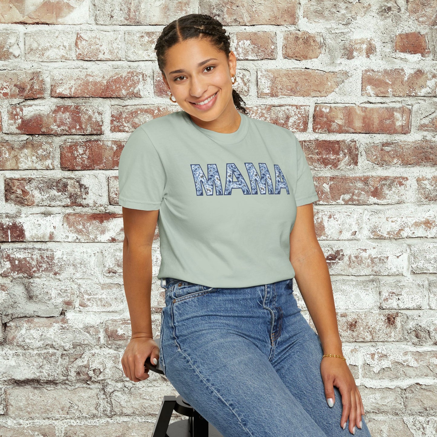 MAMA Blue Floral Comfort Colors T-Shirt
