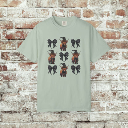 Witchy Highland Cow Shirt, Fall Aesthetic T-Shirt, Black Bow Halloween Tee, Coquette Cowgirl Shirt, Spooky Season Comfort Colors Tee