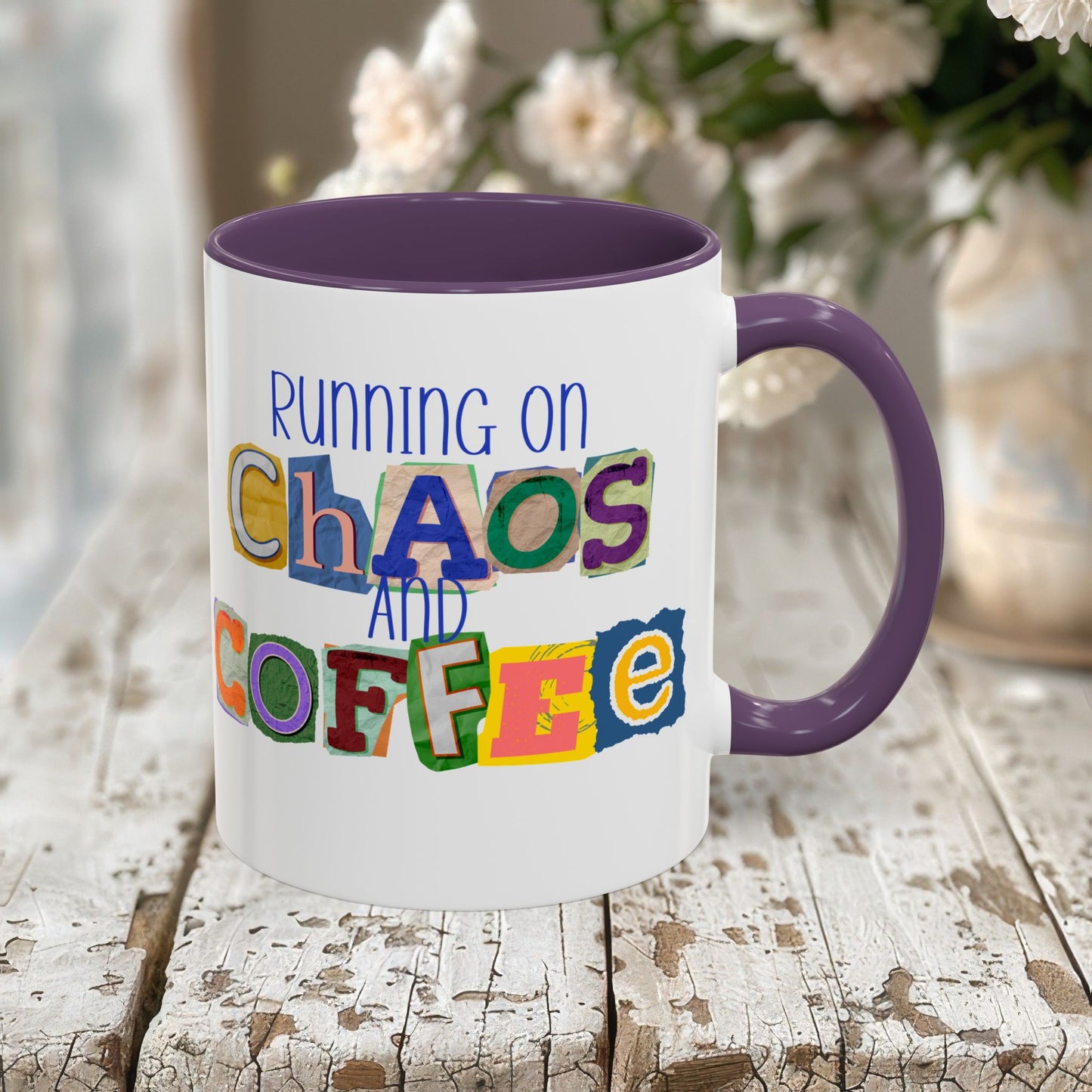 Running on Chaos and Coffee Mug Funny Two Tone Cup