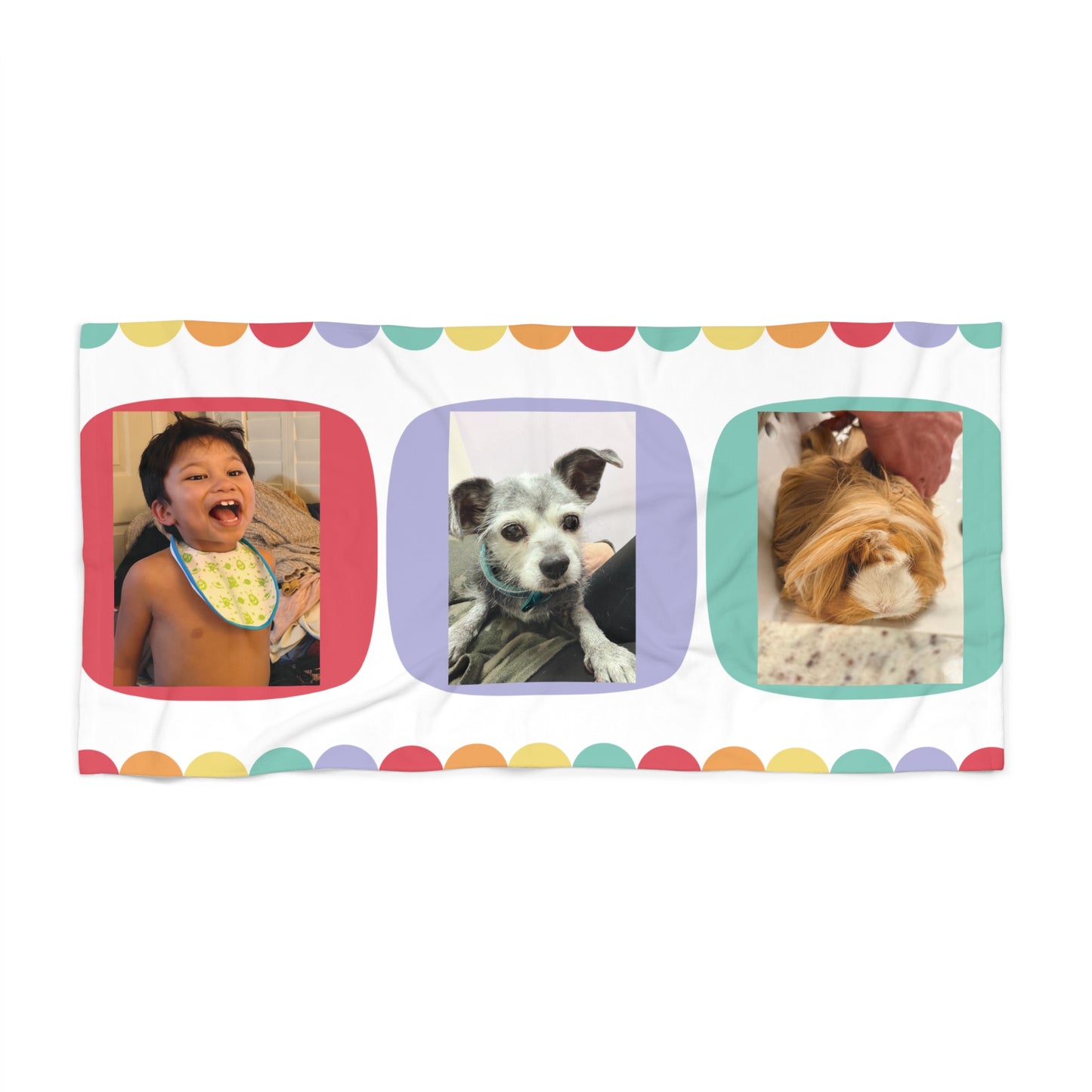 Personalized Photo Beach Towel — Custom Collage (Kid & Pet) with Colorful Polka Frame