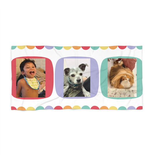 Personalized Photo Beach Towel — Custom Collage (Kid & Pet) with Colorful Polka Frame