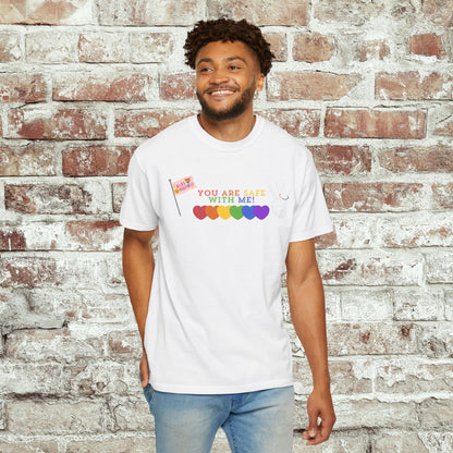 You Are Safe With Me Ally Pride Shirt | LGBTQ+ Support Tee | Rainbow Hearts T-Shirt | Inclusive Safe Space Shirt | Allies Assemble Tee
