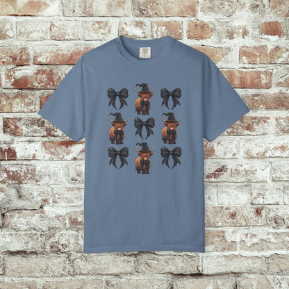 Witchy Highland Cow Shirt, Fall Aesthetic T-Shirt, Black Bow Halloween Tee, Coquette Cowgirl Shirt, Spooky Season Comfort Colors Tee