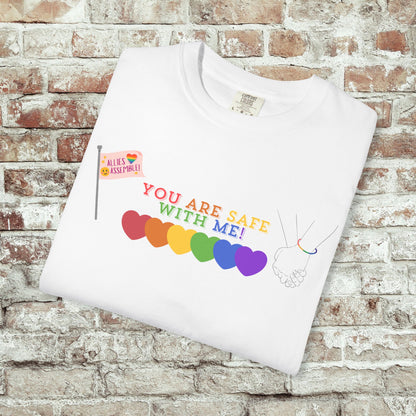 You Are Safe With Me Ally Pride Shirt | LGBTQ+ Support Tee | Rainbow Hearts T-Shirt | Inclusive Safe Space Shirt | Allies Assemble Tee