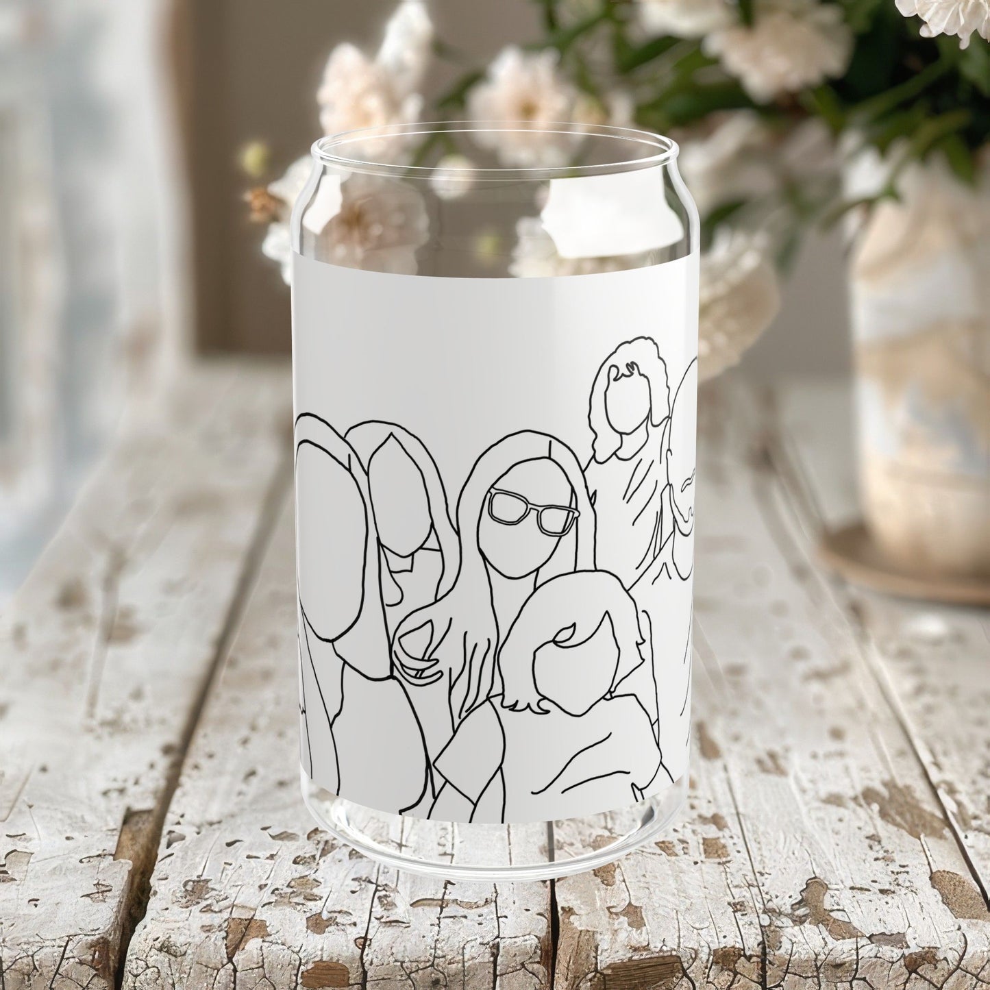 Customizable Family Line Art Drawing Glass Can, 16oz