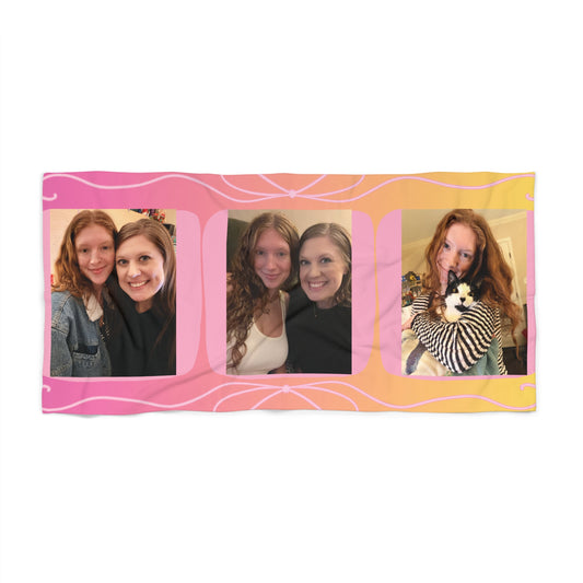 Custom Photo Collage Beach Towel — Personalized Pink Sunset Design