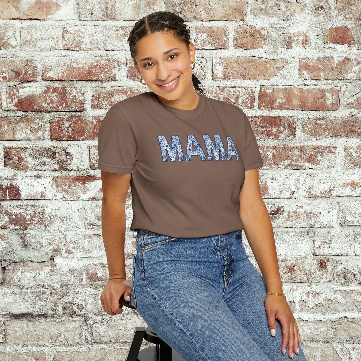 MAMA Blue Floral Comfort Colors T-Shirt