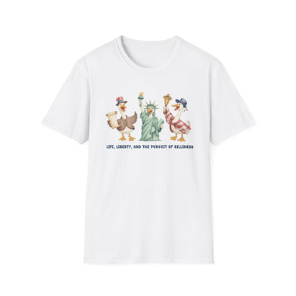 Liberty Ducks Patriotic T-Shirt — 'Life, Liberty & the Pursuit of Silliness' Cartoon Tee