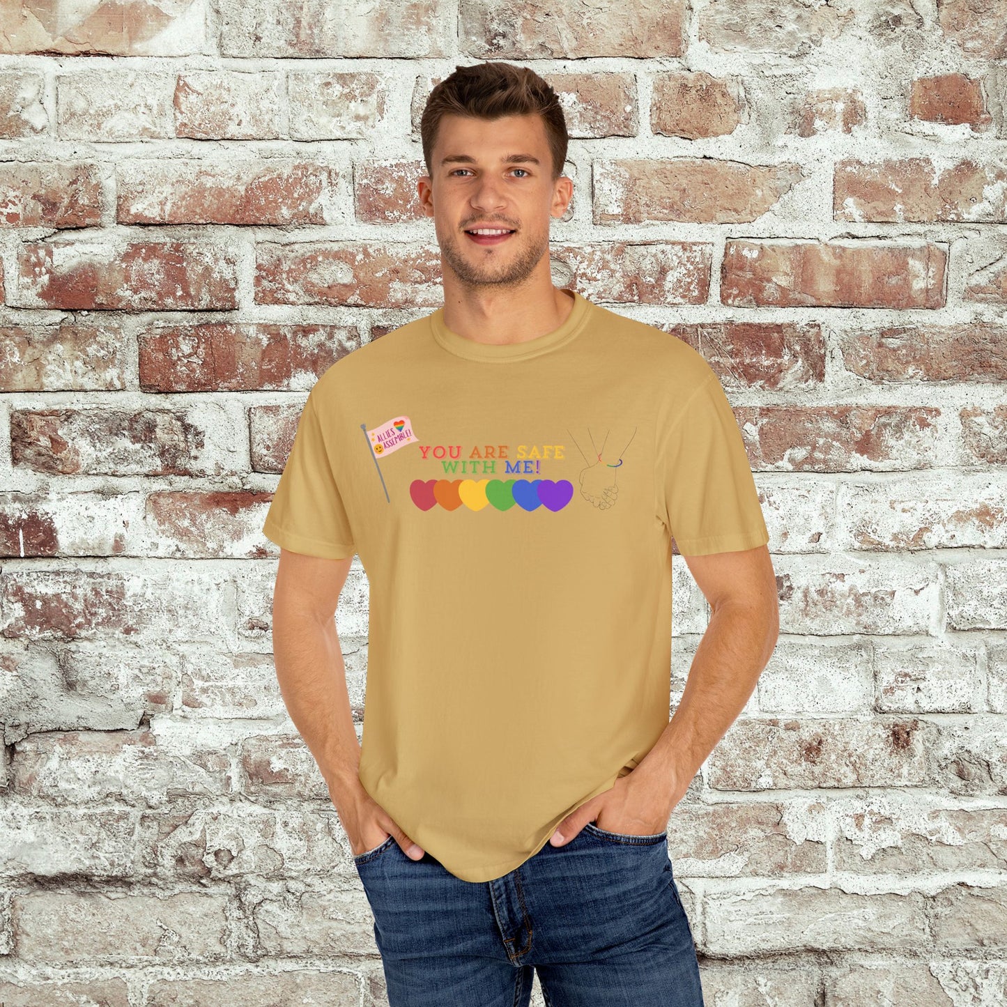 You Are Safe With Me Ally Pride Shirt | LGBTQ+ Support Tee | Rainbow Hearts T-Shirt | Inclusive Safe Space Shirt | Allies Assemble Tee