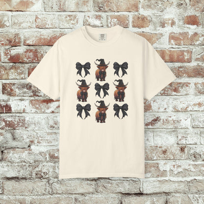 Witchy Highland Cow Shirt, Fall Aesthetic T-Shirt, Black Bow Halloween Tee, Coquette Cowgirl Shirt, Spooky Season Comfort Colors Tee