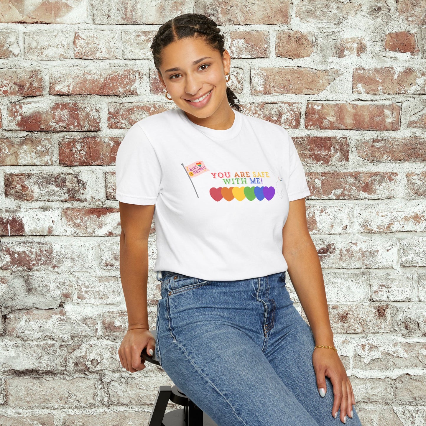 You Are Safe With Me Ally Pride Shirt | LGBTQ+ Support Tee | Rainbow Hearts T-Shirt | Inclusive Safe Space Shirt | Allies Assemble Tee