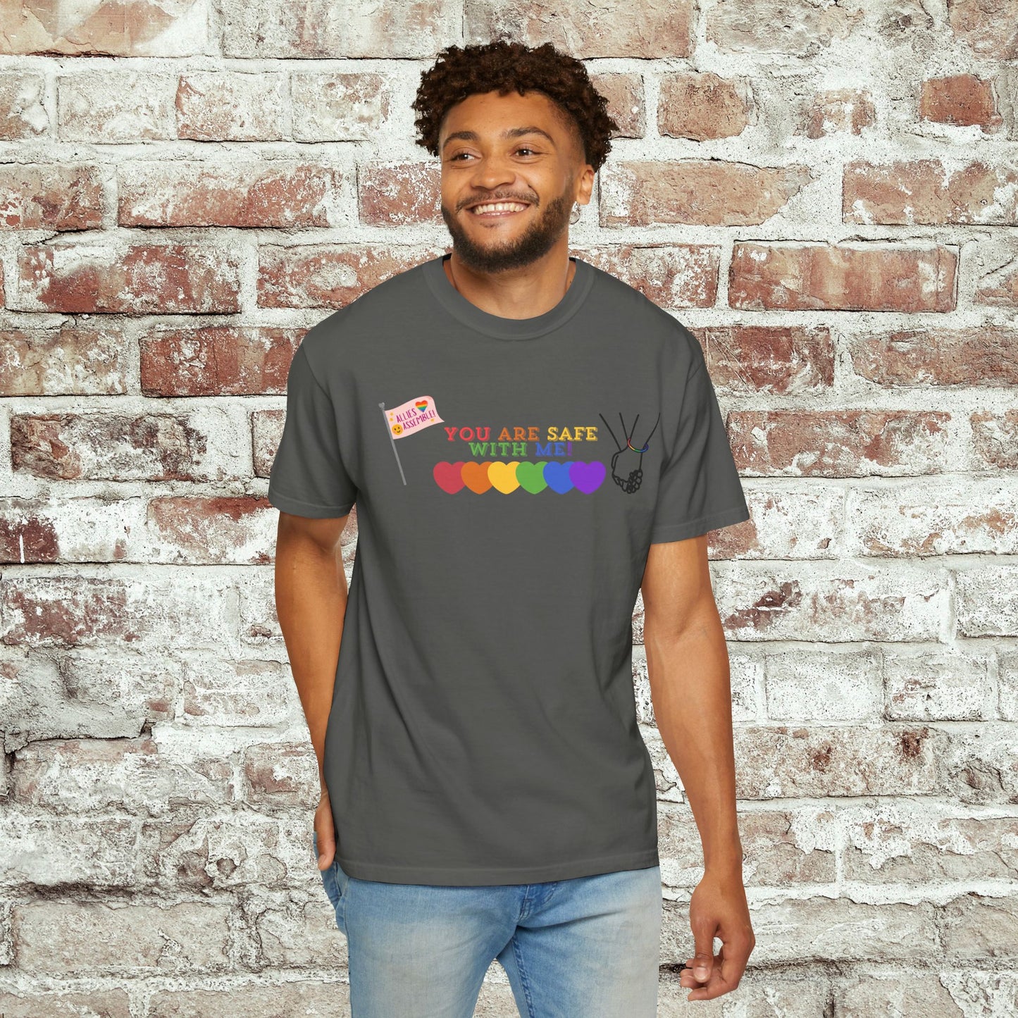 You Are Safe With Me Ally Pride Shirt | LGBTQ+ Support Tee | Rainbow Hearts T-Shirt | Inclusive Safe Space Shirt | Allies Assemble Tee