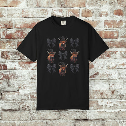 Witchy Highland Cow Shirt, Fall Aesthetic T-Shirt, Black Bow Halloween Tee, Coquette Cowgirl Shirt, Spooky Season Comfort Colors Tee