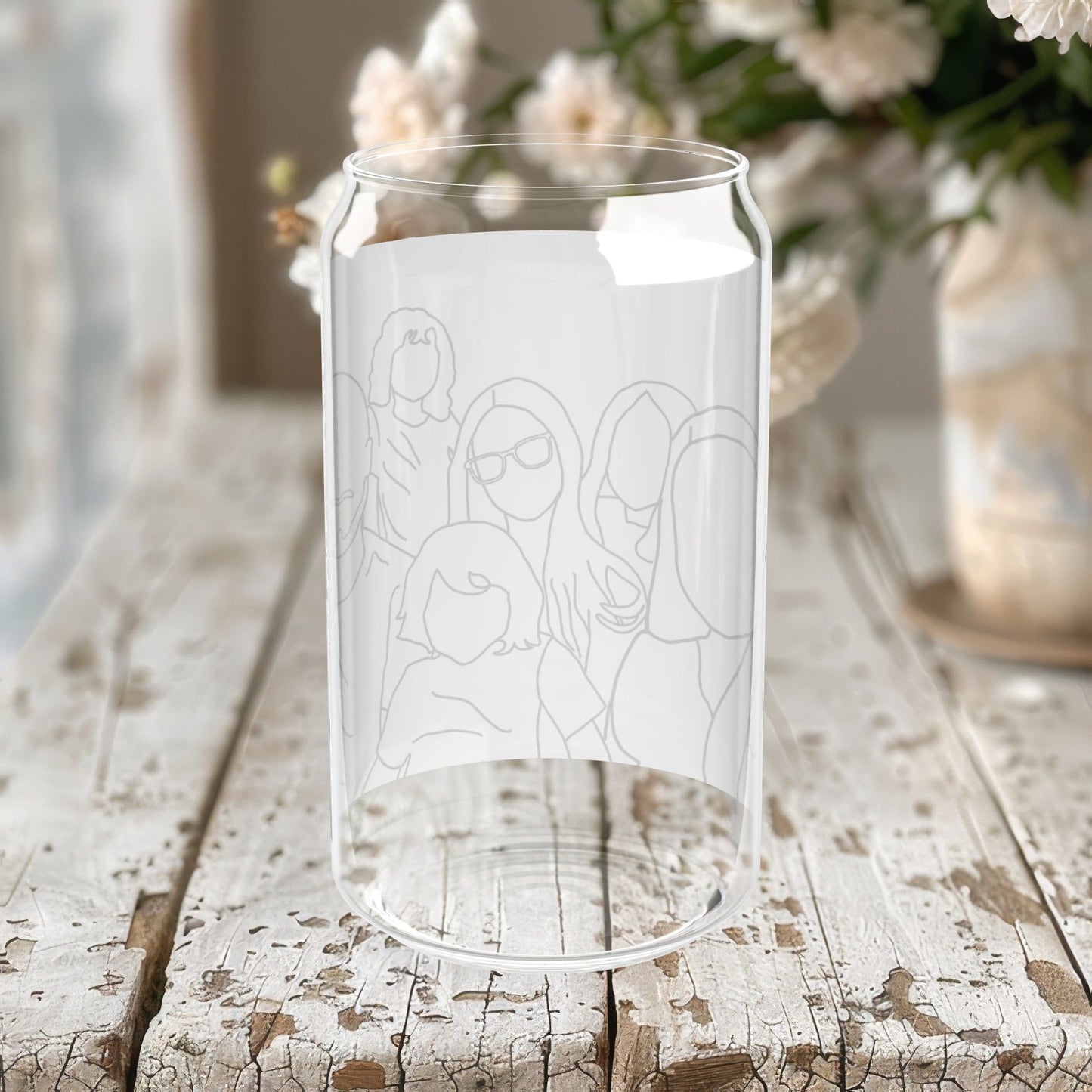 Customizable Family Line Art Drawing Glass Can, 16oz