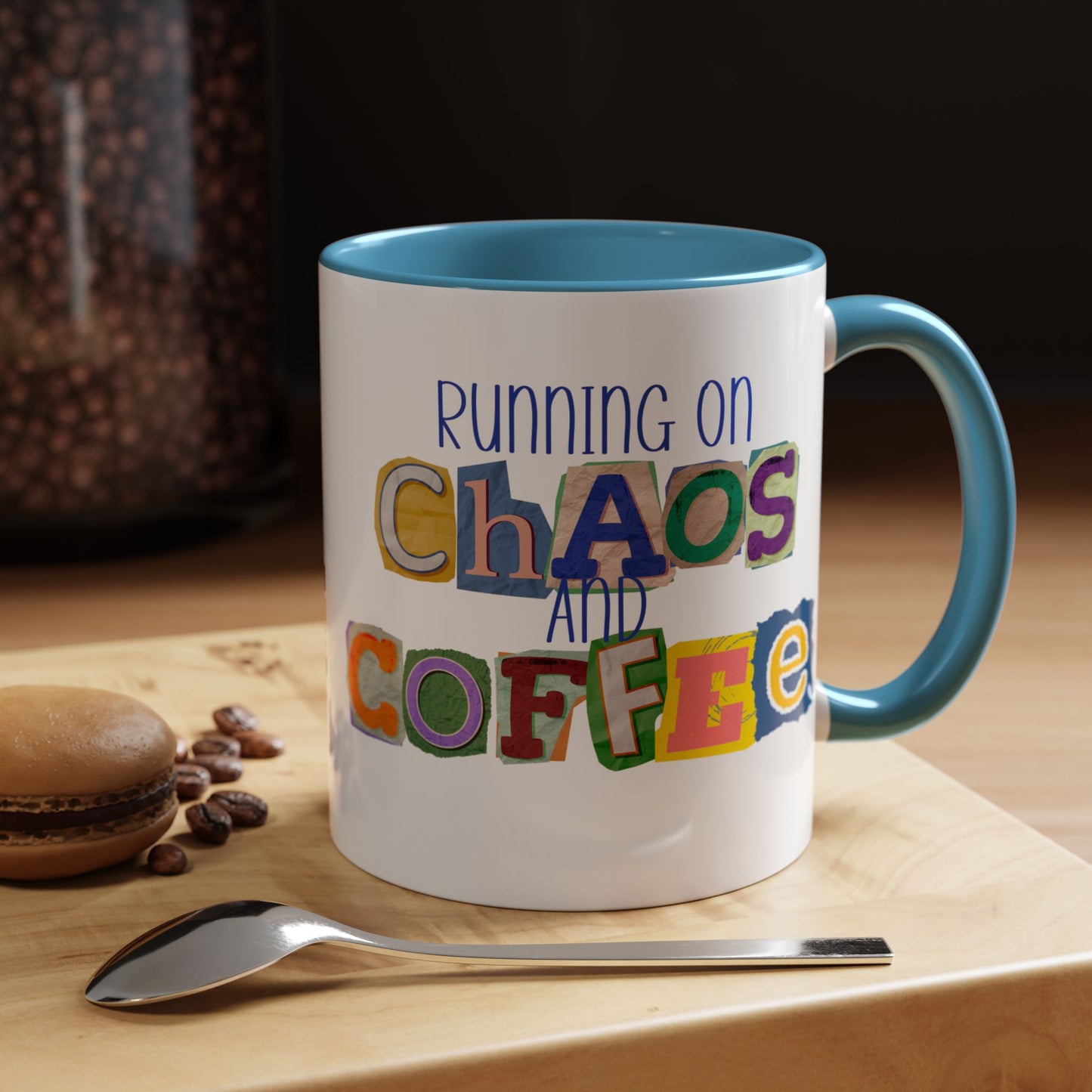 Running on Chaos and Coffee Mug Funny Two Tone Cup