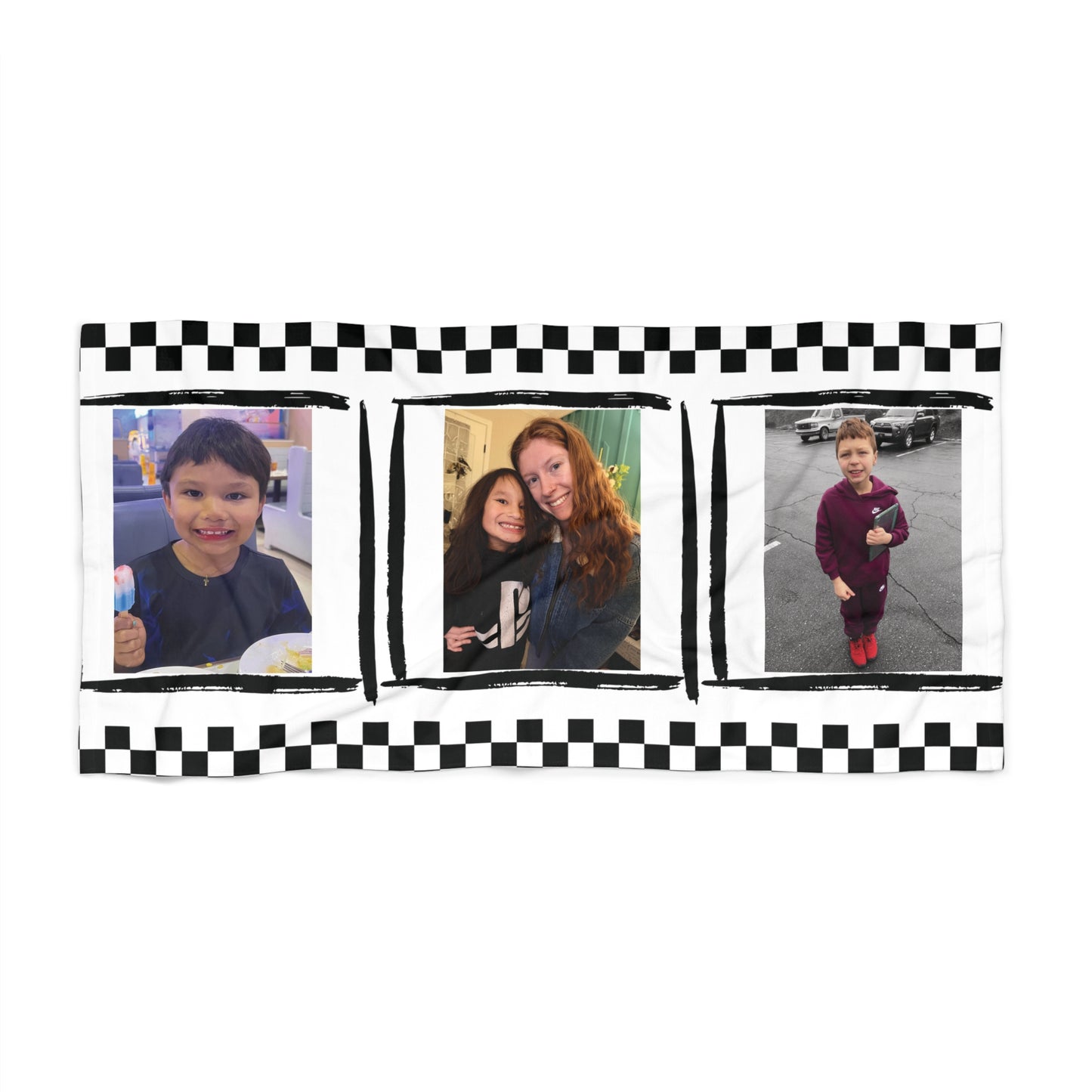 Personalized Black Checkered Beach Towel — Custom Photo Towel (3 Pictures)