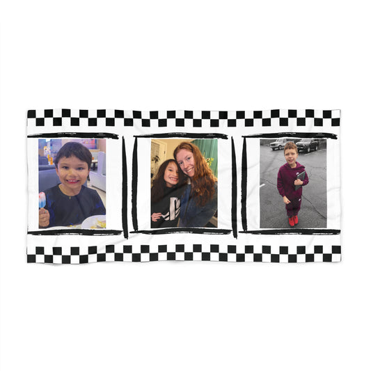 Personalized Black Checkered Beach Towel — Custom Photo Towel (3 Pictures)