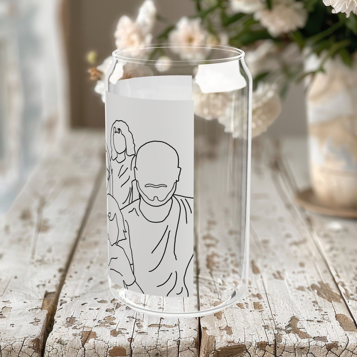 Customizable Family Line Art Drawing Glass Can, 16oz