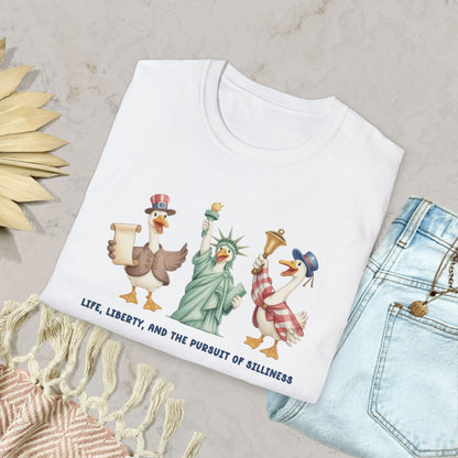 Liberty Ducks Patriotic T-Shirt — 'Life, Liberty & the Pursuit of Silliness' Cartoon Tee