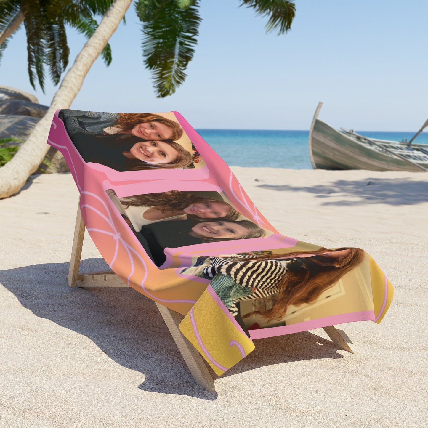 Custom Photo Collage Beach Towel — Personalized Pink Sunset Design