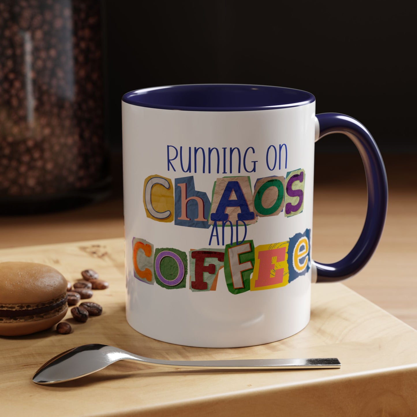 Running on Chaos and Coffee Mug Funny Two Tone Cup