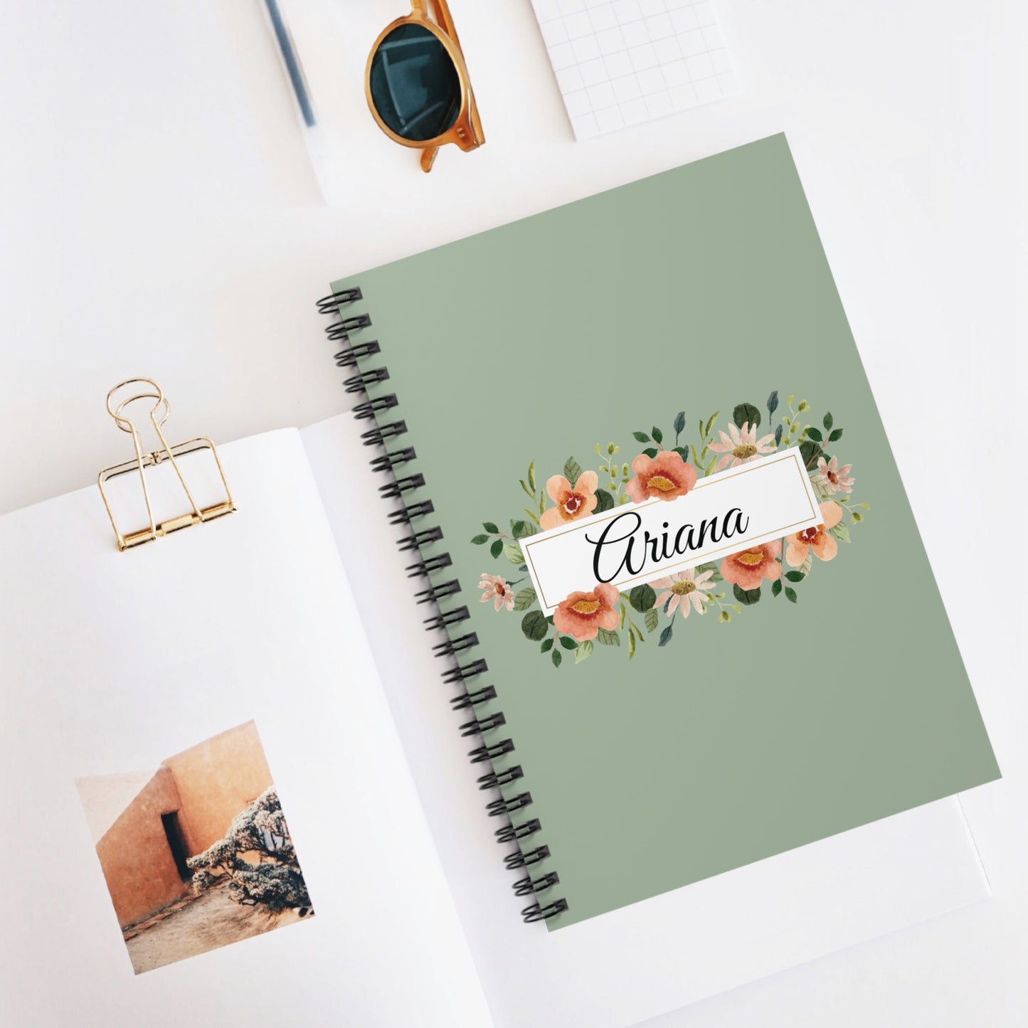 Personalized Sage Floral Spiral Notebook- 6" x 8"