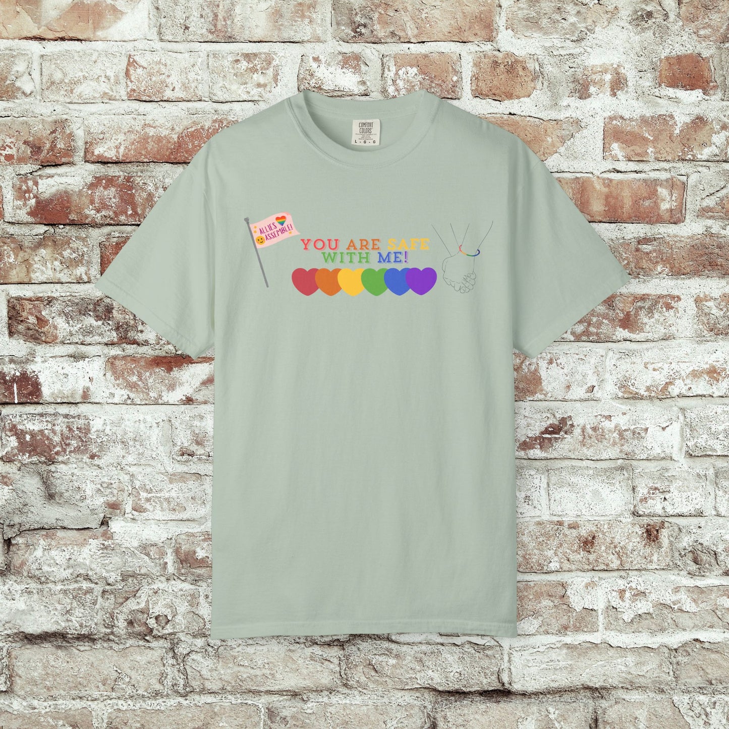 You Are Safe With Me Ally Pride Shirt | LGBTQ+ Support Tee | Rainbow Hearts T-Shirt | Inclusive Safe Space Shirt | Allies Assemble Tee