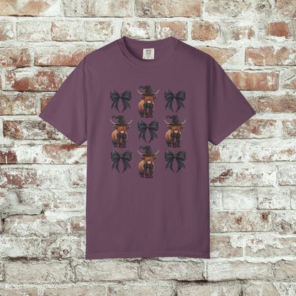 Witchy Highland Cow Shirt, Fall Aesthetic T-Shirt, Black Bow Halloween Tee, Coquette Cowgirl Shirt, Spooky Season Comfort Colors Tee