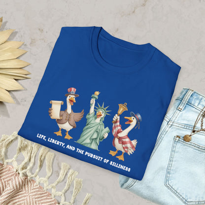 Liberty Ducks Patriotic T-Shirt — 'Life, Liberty & the Pursuit of Silliness' Cartoon Tee