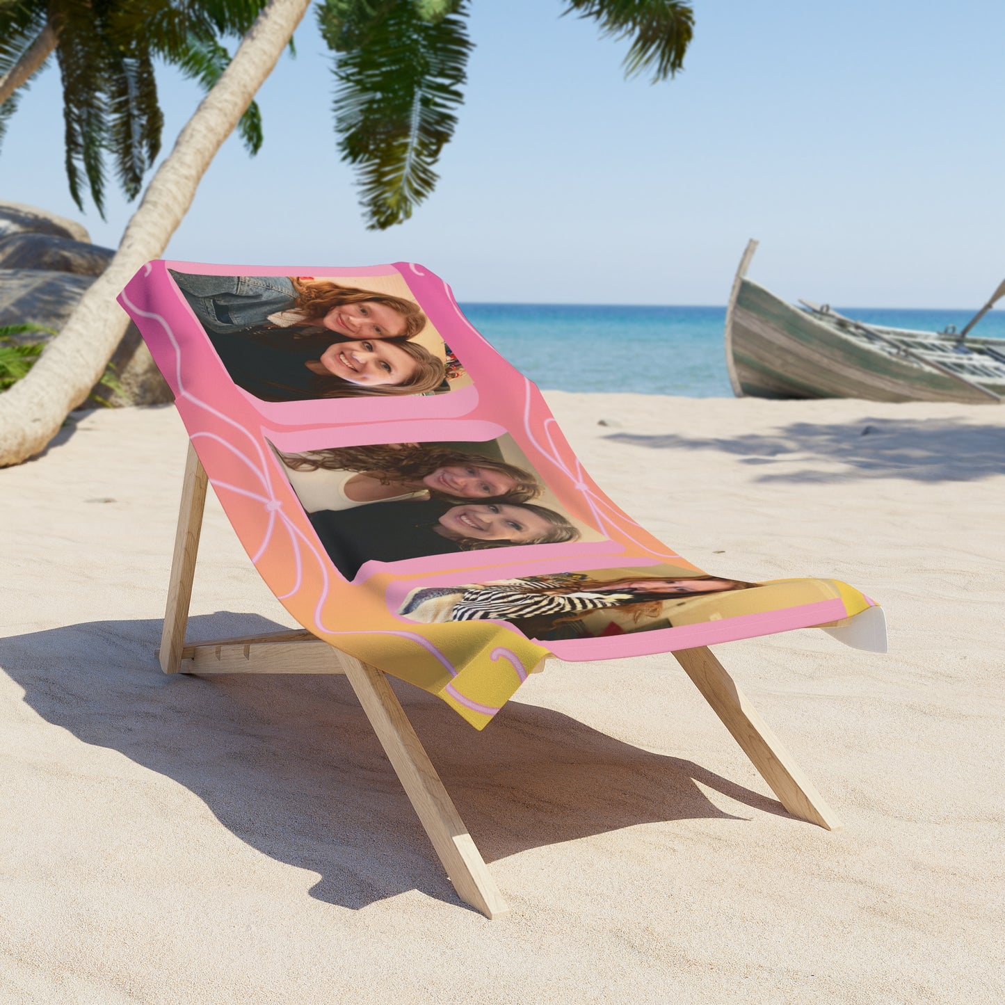 Custom Photo Collage Beach Towel — Personalized Pink Sunset Design