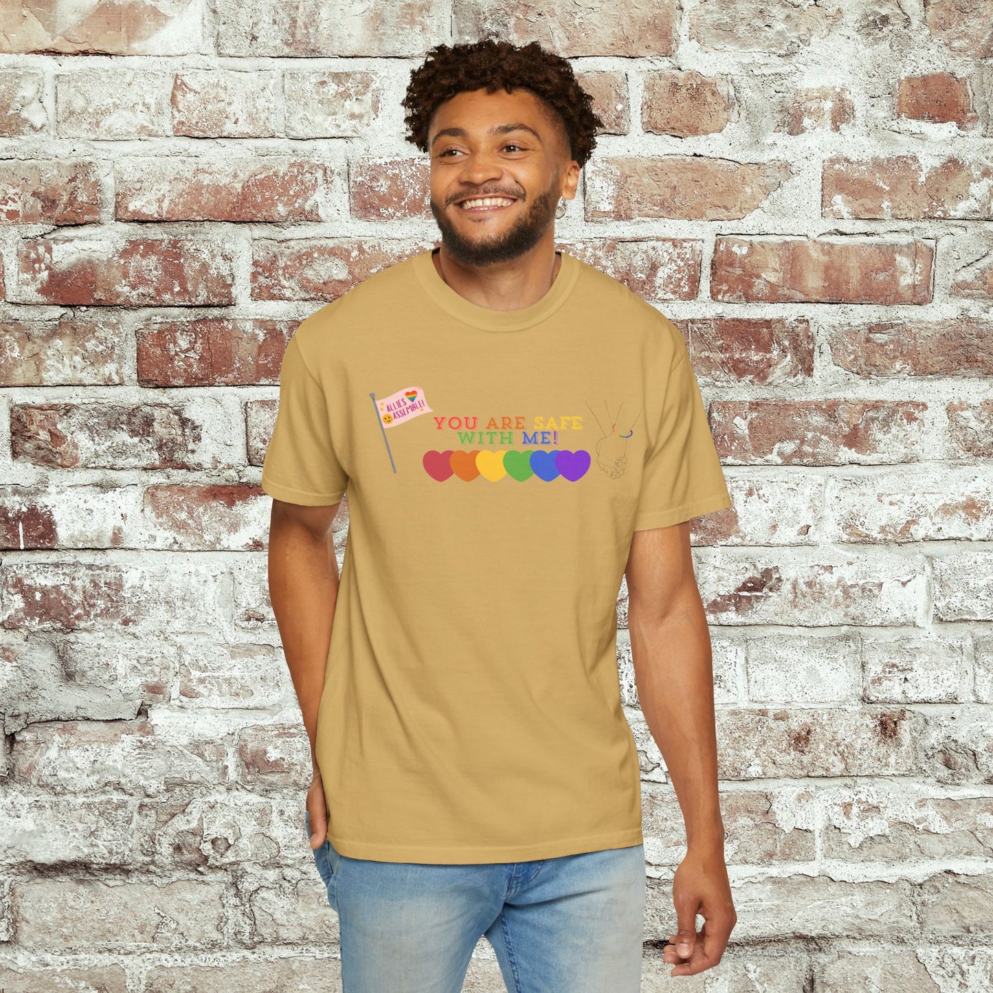 You Are Safe With Me Ally Pride Shirt | LGBTQ+ Support Tee | Rainbow Hearts T-Shirt | Inclusive Safe Space Shirt | Allies Assemble Tee
