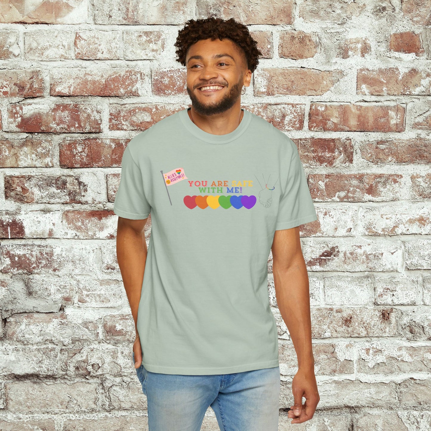 You Are Safe With Me Ally Pride Shirt | LGBTQ+ Support Tee | Rainbow Hearts T-Shirt | Inclusive Safe Space Shirt | Allies Assemble Tee