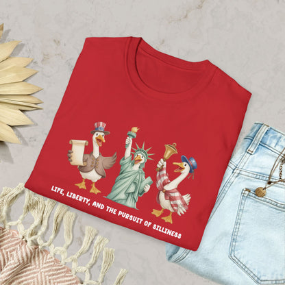 Liberty Ducks Patriotic T-Shirt — 'Life, Liberty & the Pursuit of Silliness' Cartoon Tee