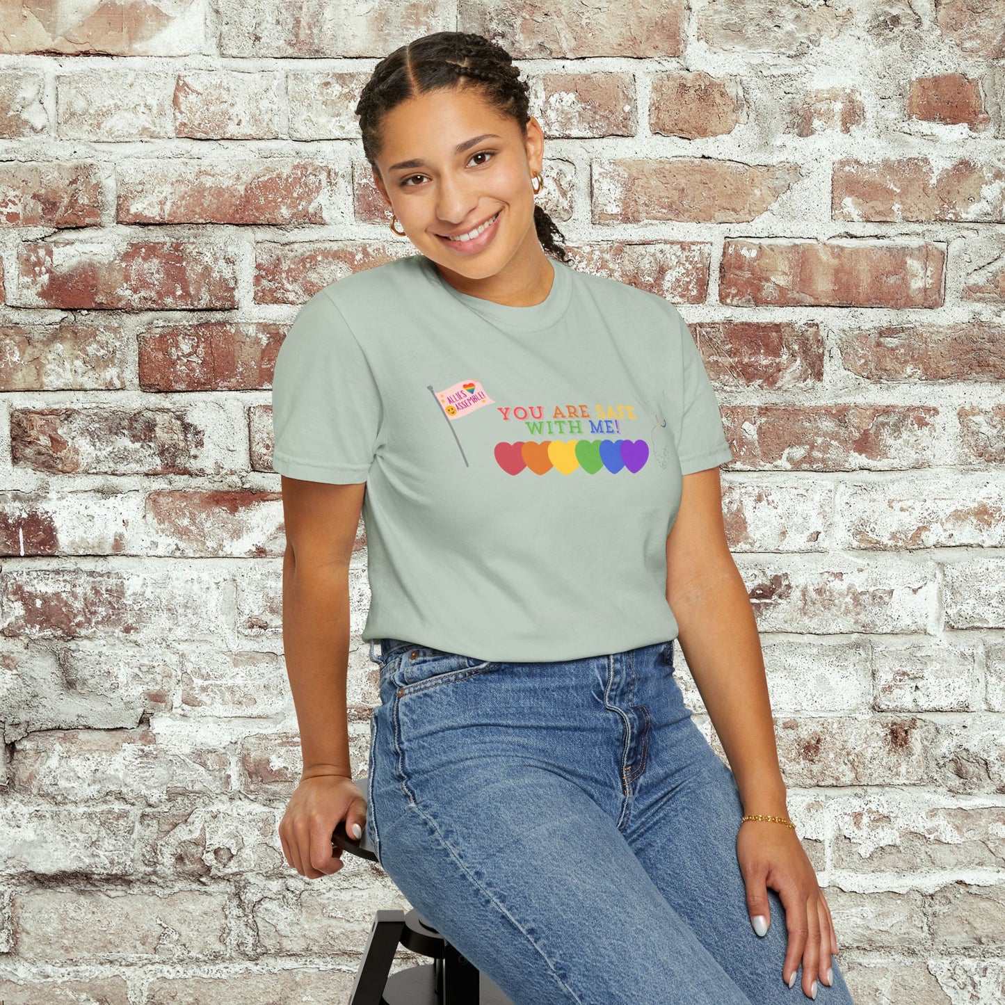 You Are Safe With Me Ally Pride Shirt | LGBTQ+ Support Tee | Rainbow Hearts T-Shirt | Inclusive Safe Space Shirt | Allies Assemble Tee