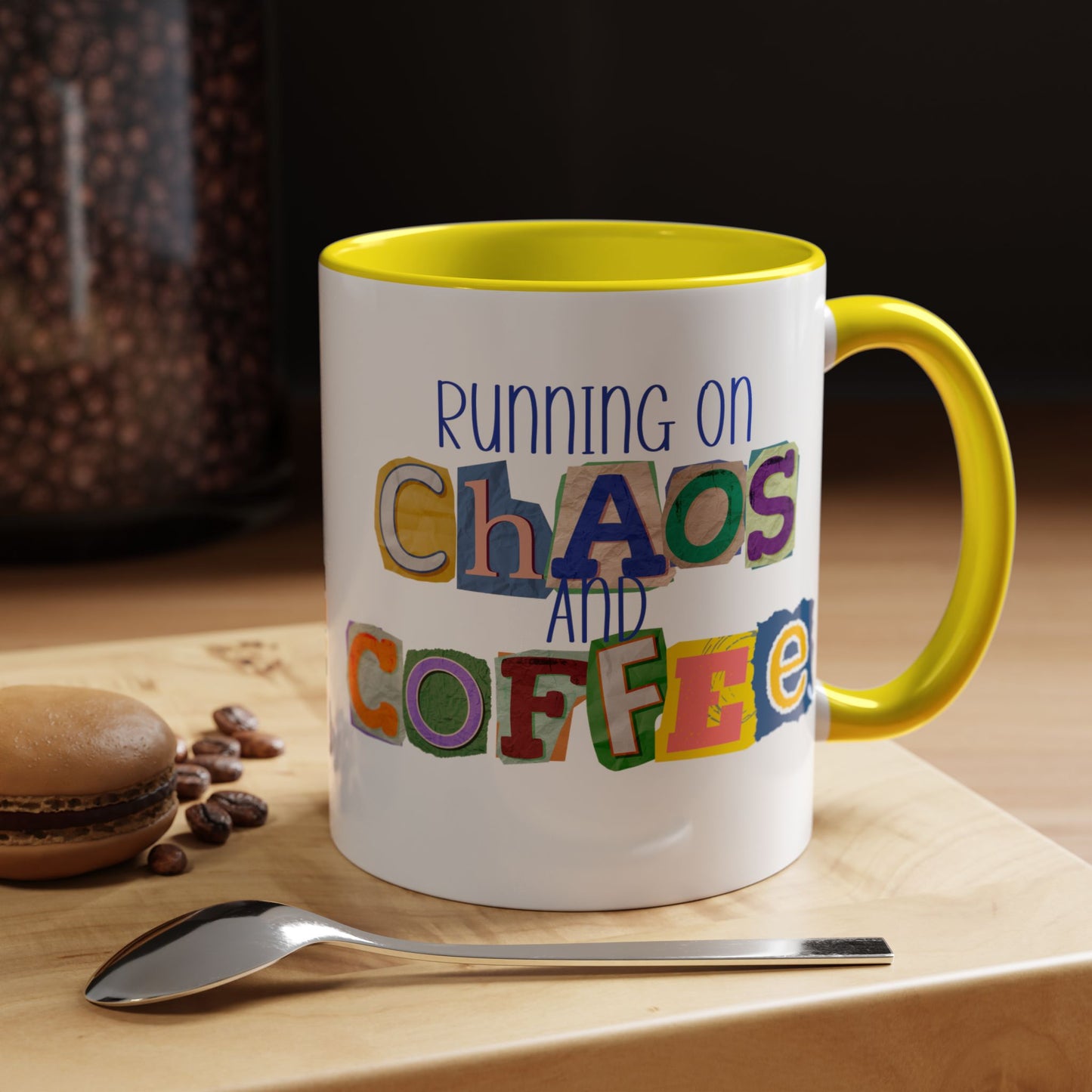 Running on Chaos and Coffee Mug Funny Two Tone Cup