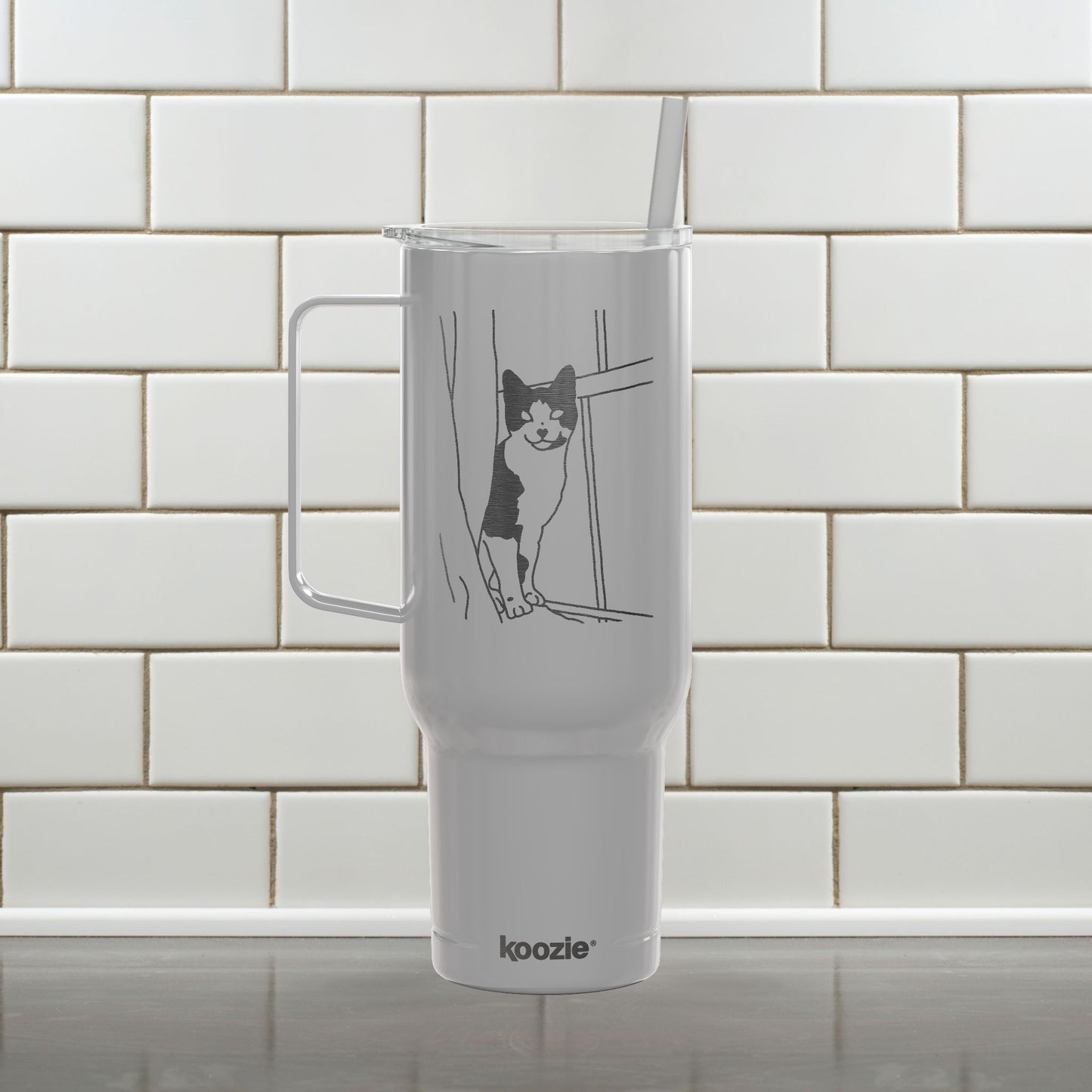 Custom Pet Line Art Engraved Tumbler 40oz Koozie with Handle and Straw