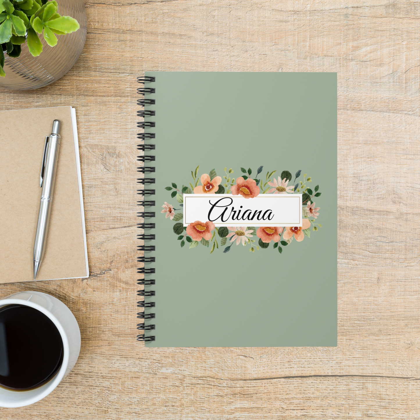 Personalized Sage Floral Spiral Notebook- 6" x 8"