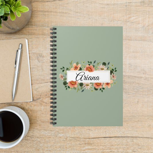 Personalized Sage Floral Spiral Notebook- 6" x 8"